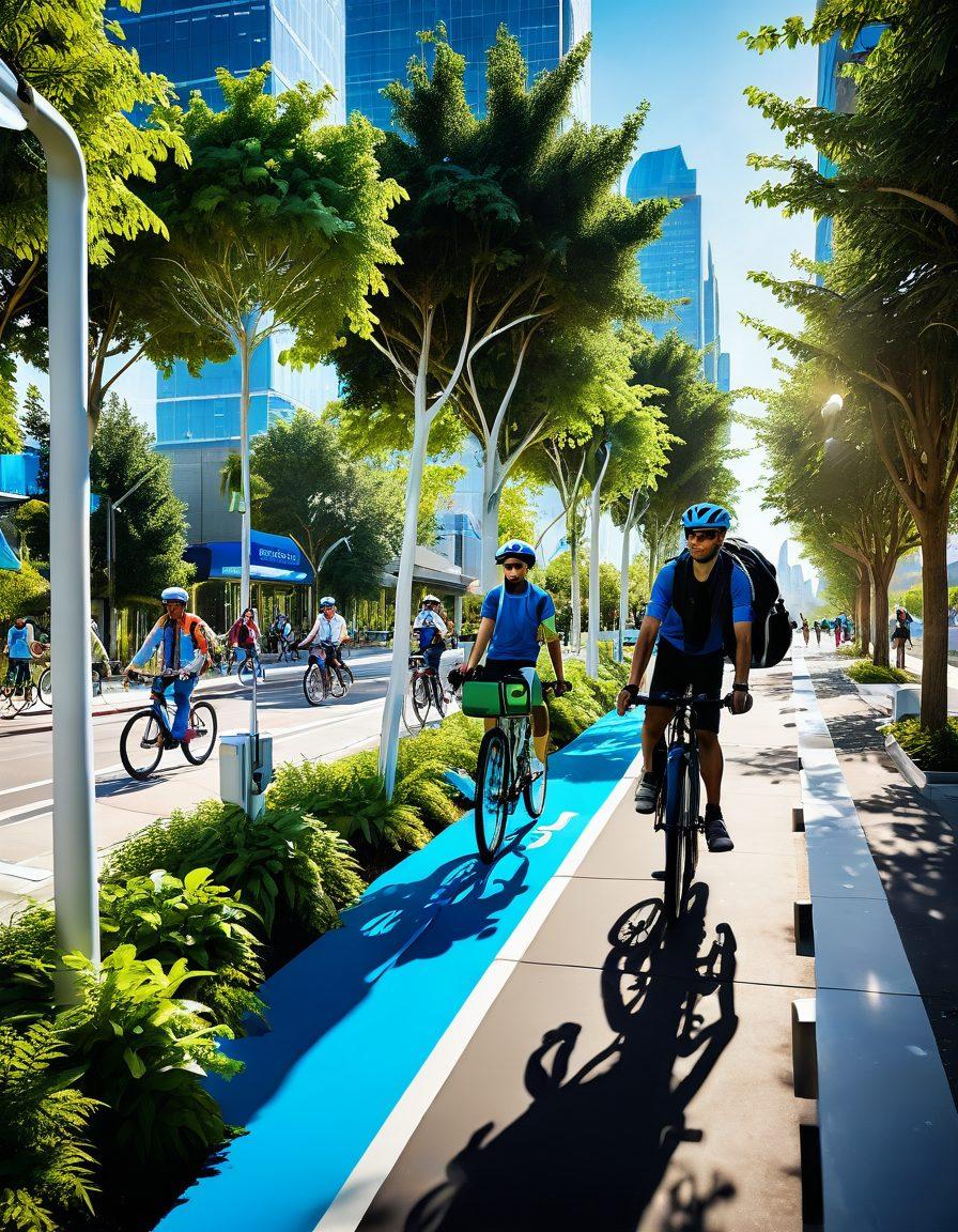 A futuristic city skyline showcasing electric bicycles zipping through innovative smart pathways, surrounded by lush greenery and urban gardens. Incorporate cyclists wearing modern helmets and techy apparel, with charging stations and solar panels in the backdrop. Bright blue skies complement a vibrant atmosphere that embodies eco-friendly transportation. super-realistic. vibrant colors. 3D.