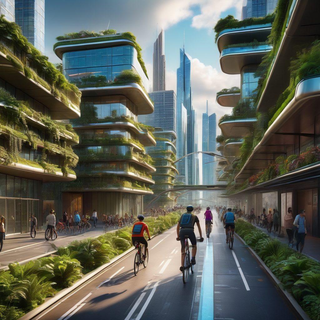 A futuristic cityscape featuring smart bikes with advanced technology, sleek designs, and integrated digital displays. Showcase diverse cyclists navigating through vibrant streets with eco-friendly architecture. Include elements like smart traffic signals, greenery, and an urban skyline in the background. The atmosphere should convey innovation and movement. super-realistic. vibrant colors. 3D.