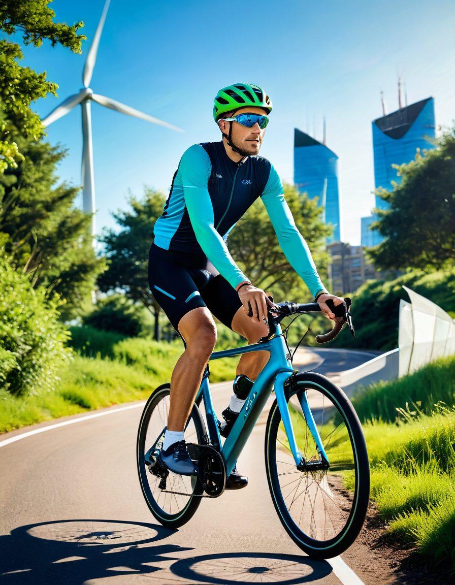 A dynamic scene depicting a cyclist on a futuristic, eco-friendly bike, surrounded by vibrant green landscapes and solar-powered charging stations. Include eco-innovative elements like wind turbines and urban cycling paths. The cyclist is wearing a modern helmet and stylish cycling gear, exuding a sense of adventure and sustainability. The background features a bright blue sky and a city skyline with green technology integrated into buildings. super-realistic. vibrant colors. soft focus.